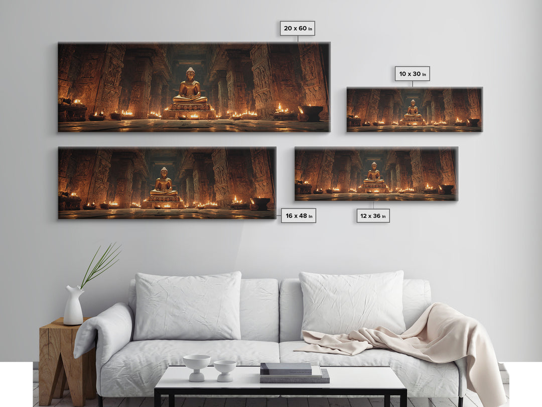 Golden Buddha In Candlelit Temple Framed Canvas Print, Spiritual Meditation Wall Art, Zen Spa Decor For Prayer Room And Yoga Room
