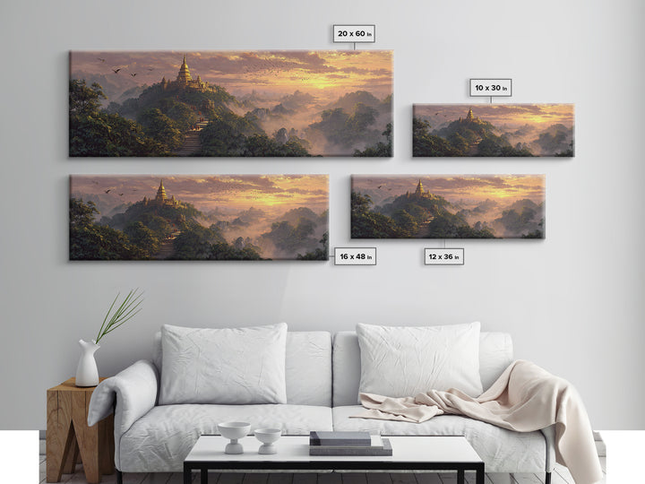 Golden Mountain Pagoda Temple Wall Art, Asian Jungle Sunrise Canvas, Spiritual Landscape Print, Meditation Room Decor, Zen Home Decor