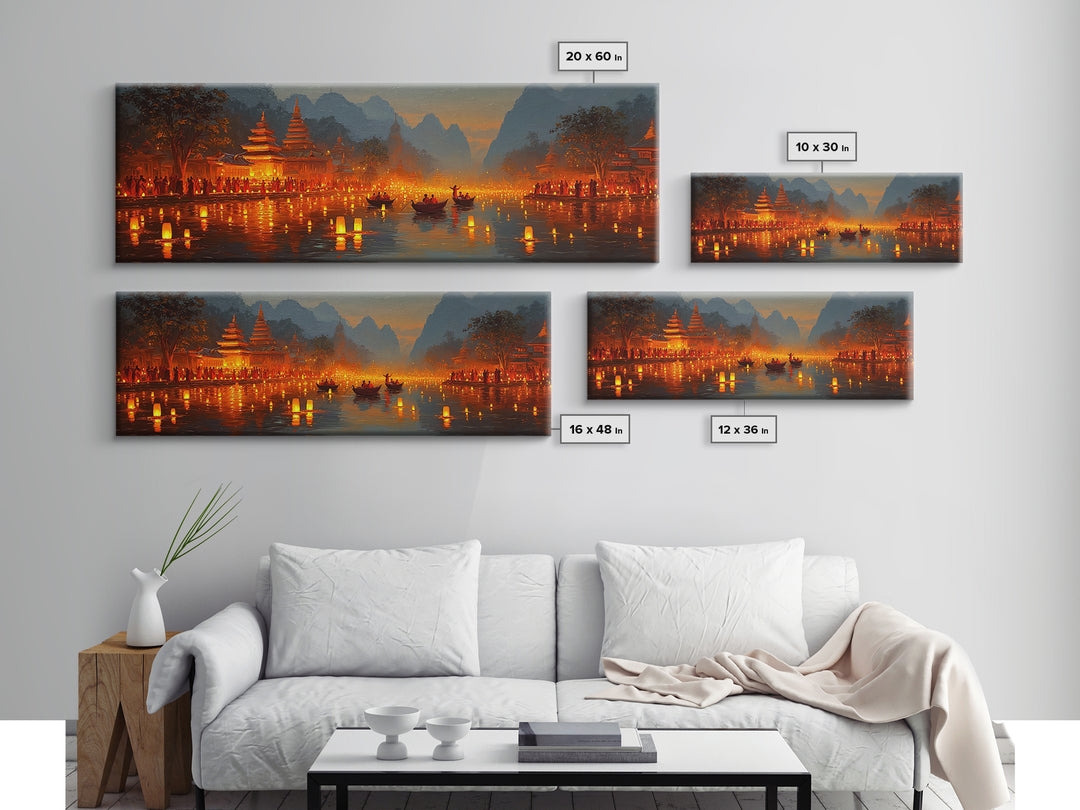 Glowing Lantern Festival Wall Art, Asian River Temple Canvas Print, Magical Night Landscape, Travel Inspired Home Decor Print