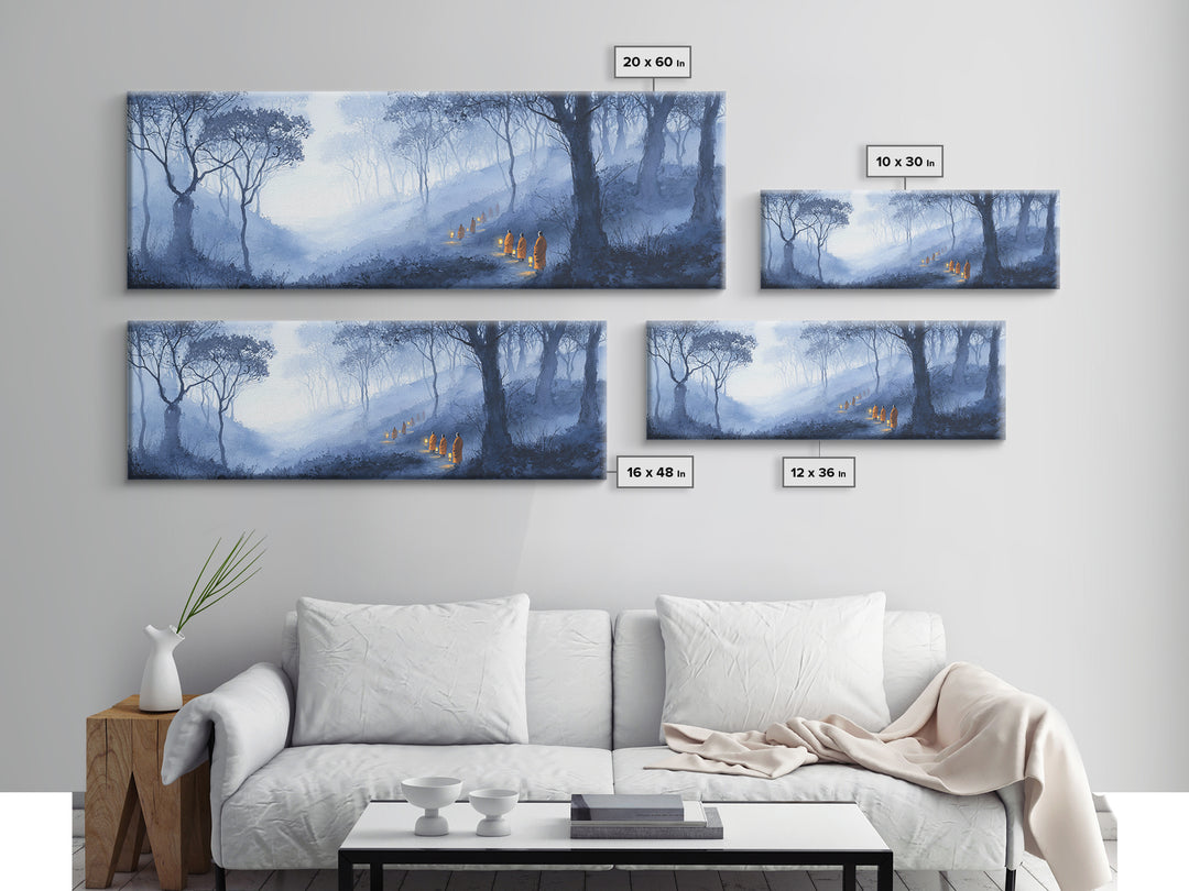Misty Blue Enchanted Forest Wall Art, Hooded Lantern Path Fantasy Landscape, Dark Academia Decor, Gothic Canvas Print Gift