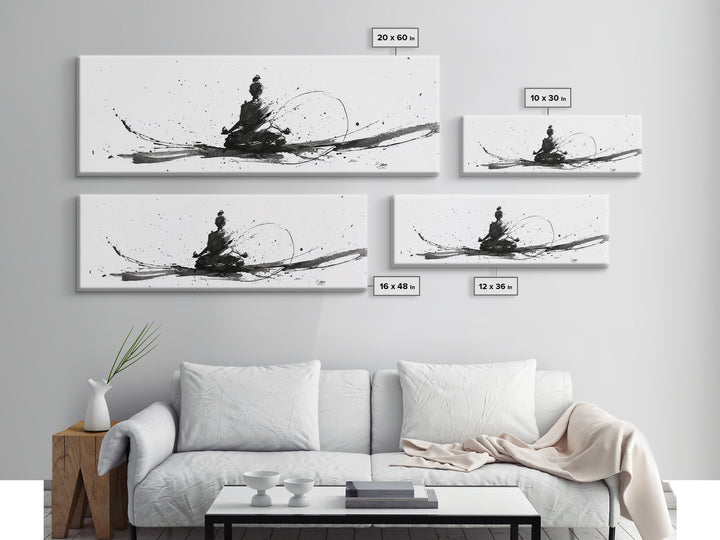 Minimalist Ink Meditation Figure Wall Art, Black And White Zen Canvas Print, Mindfulness Decor For Yoga Studio And Office
