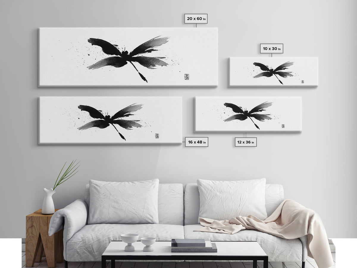 Black Ink Dragonfly Wall Art, Minimalist Japanese Brush Painting, Zen Decor, Black And White Art, Horizontal Canvas Print
