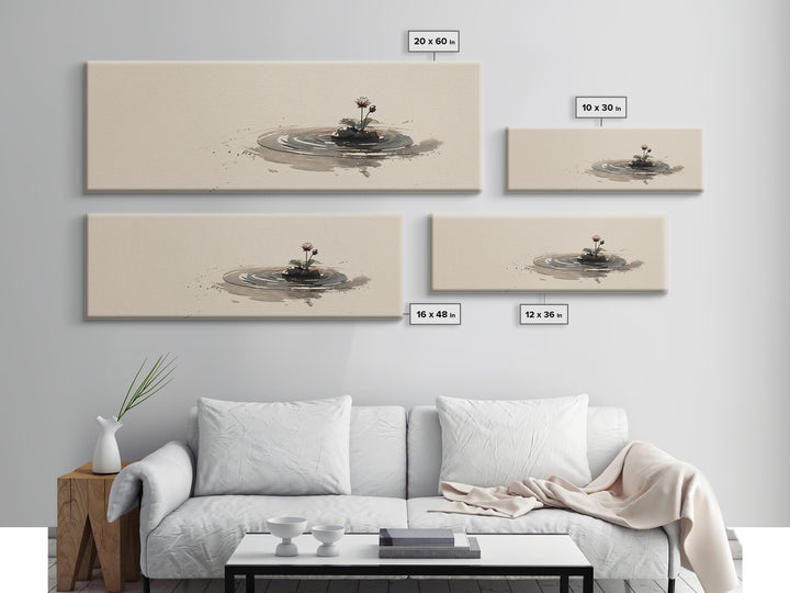 Minimal Zen Water Ripple With Tiny Flower Canvas Print, Wabi Sabi Wall Art, Japandi Decor, Neutral Minimalist Home Decor