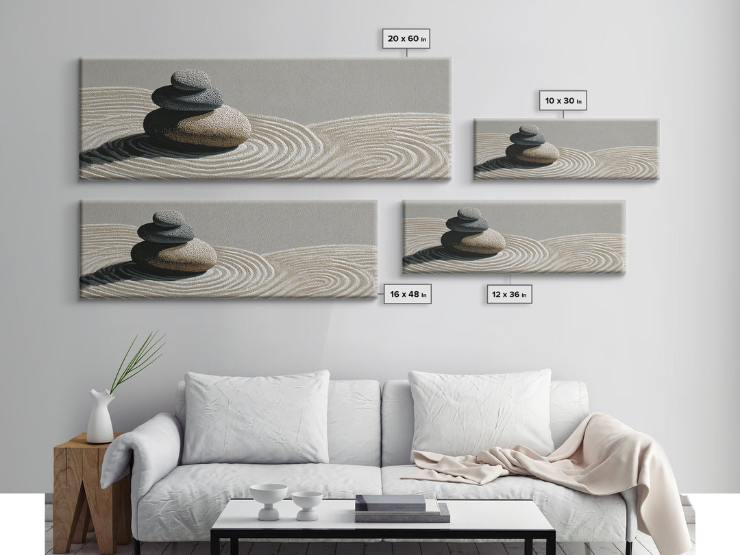 Raked Sand Zen Stones Wall Art, Minimalist Canvas Print, Japandi Spa Decor, Neutral Wabi Sabi Calming Meditation Room Decor