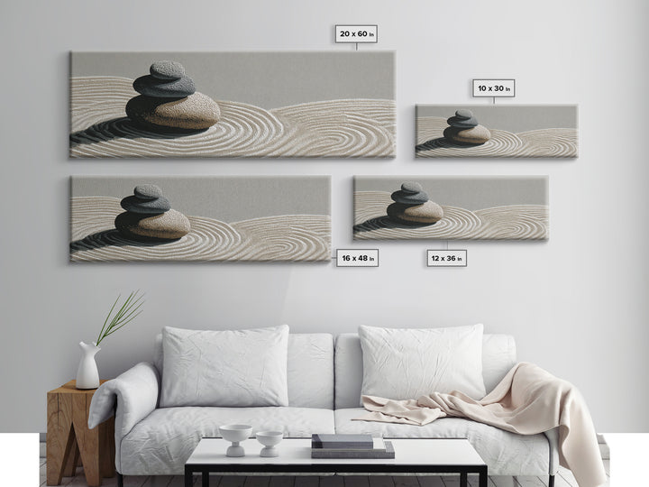 Raked Sand Zen Stones Wall Art, Minimalist Canvas Print, Japandi Spa Decor, Neutral Wabi Sabi Calming Meditation Room Decor