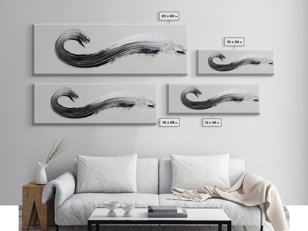 Black Ink Wave Canvas Print, Minimalist Wall Art, Japanese Sumi Painting, Abstract Line Art, Neutral Decor, Zen Office Poster