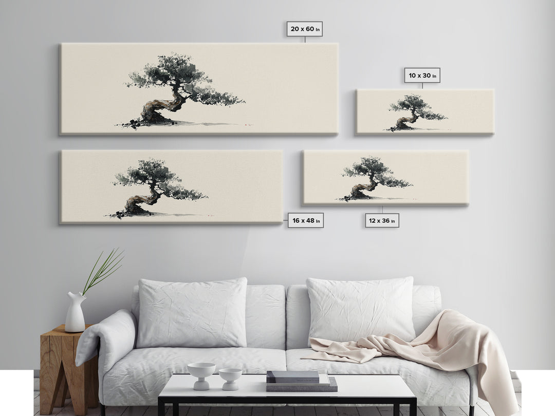Minimalist Bonsai Tree Wall Art, Japanese Ink Painting Print, Zen Home Decor, Japandi Office Art, Calming Nature Canvas Print