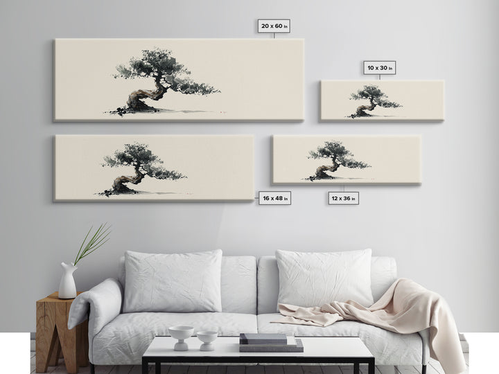 Minimalist Bonsai Tree Wall Art, Japanese Ink Painting Print, Zen Home Decor, Japandi Office Art, Calming Nature Canvas Print
