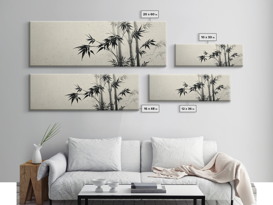 Minimalist Black Ink Bamboo Wall Art, Japanese Sumi Brush Canvas Print, Zen Botanical Decor For Calm Living Room Wall Decor