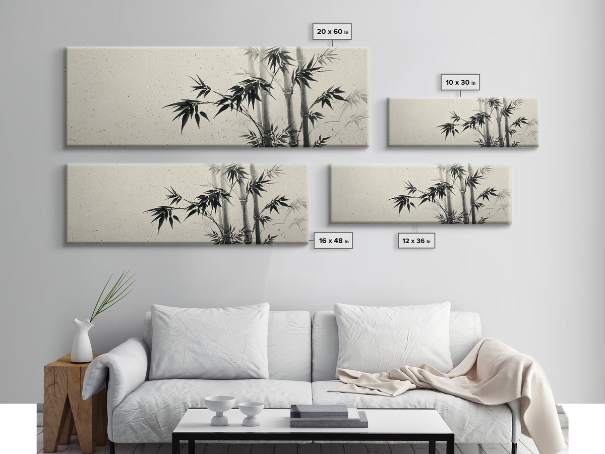 Minimalist Black Ink Bamboo Wall Art, Japanese Sumi Brush Canvas Print, Zen Botanical Decor For Calm Living Room Wall Decor