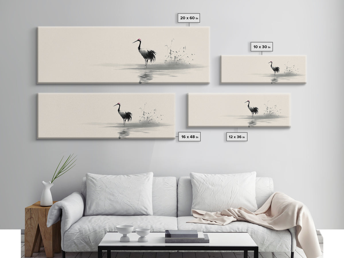 Minimalist Crane By Water Framed Canvas Print, Japanese Wall Art, Zen Bird Illustration, Neutral Living Room Decor, Fine Art Print
