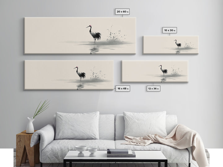 Minimalist Crane By Water Framed Canvas Print, Japanese Wall Art, Zen Bird Illustration, Neutral Living Room Decor, Fine Art Print