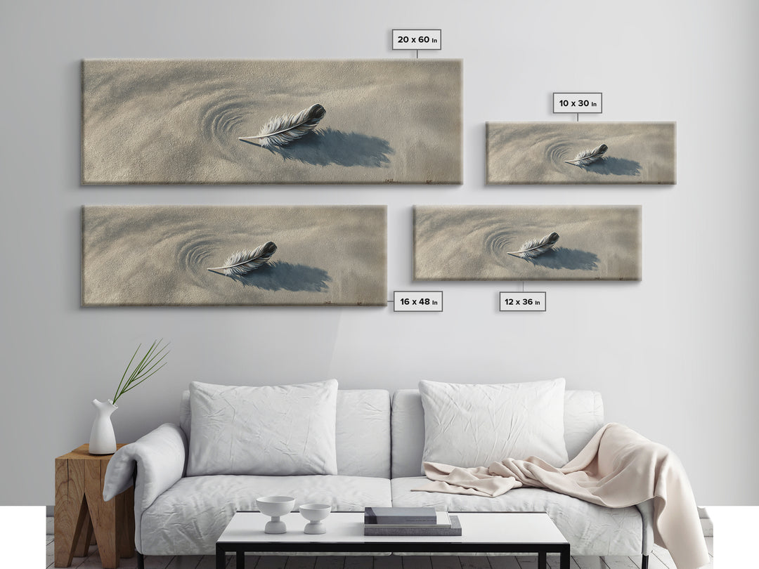 Feather On Sand Wall Art, Minimalist Coastal Nature Print, Neutral Beach Decor, Calming Wabi Sabi Wall Decor, Framed Canvas Print