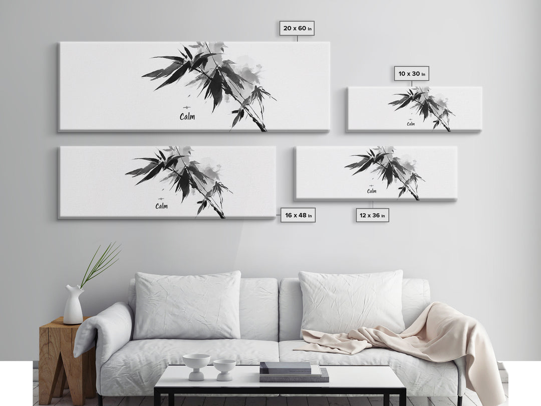 Black Ink Bamboo Calm Wall Art, Minimalist Japanese Zen Brush Painting, Black And White Decor, Peaceful Meditation Canvas Print