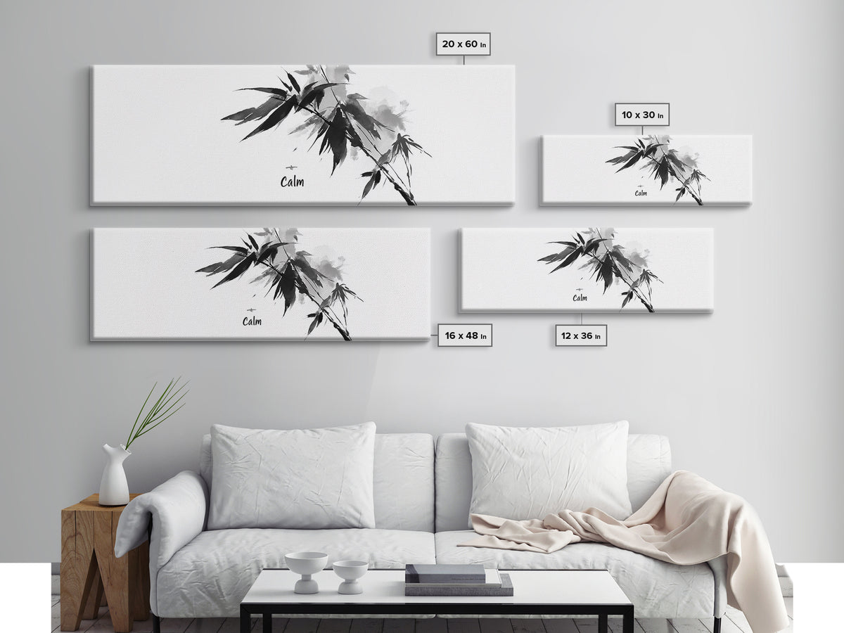 Black Ink Bamboo Calm Wall Art, Minimalist Japanese Zen Brush Painting, Black And White Decor, Peaceful Meditation Canvas Print