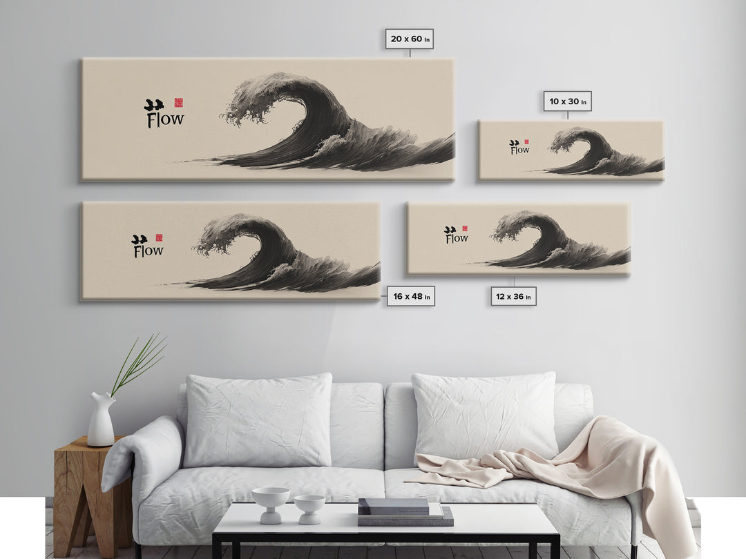 Japanese Ink Wave Flow Wall Art, Black And White Zen Ocean Canvas Print, Minimalist Japandi Decor For Meditation Room Home Decor