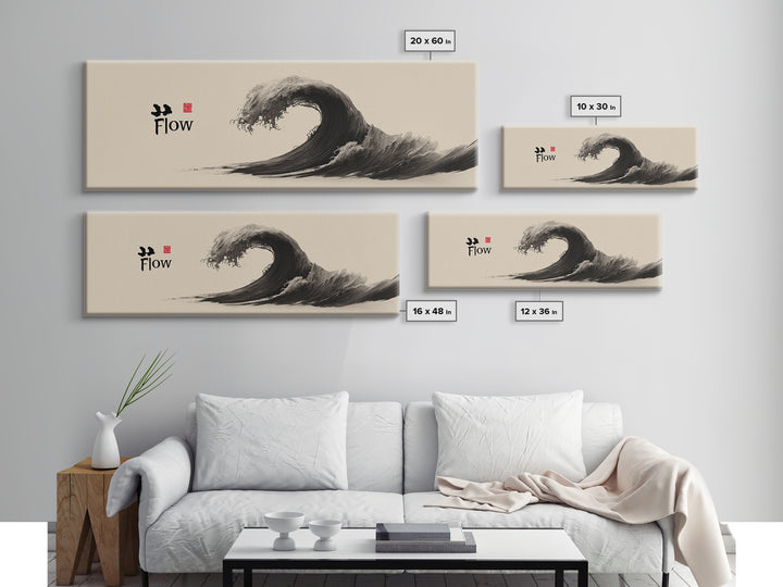 Japanese Ink Wave Flow Wall Art, Black And White Zen Ocean Canvas Print, Minimalist Japandi Decor For Meditation Room Home Decor