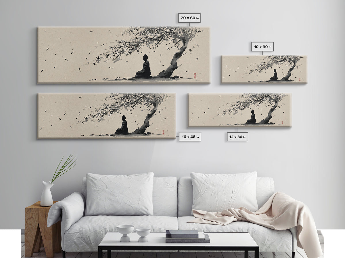 Zen Figure Under Windblown Tree Wall Art, Japanese Ink Landscape, Minimalist Zen Decor, Calming Meditation Room Art Print