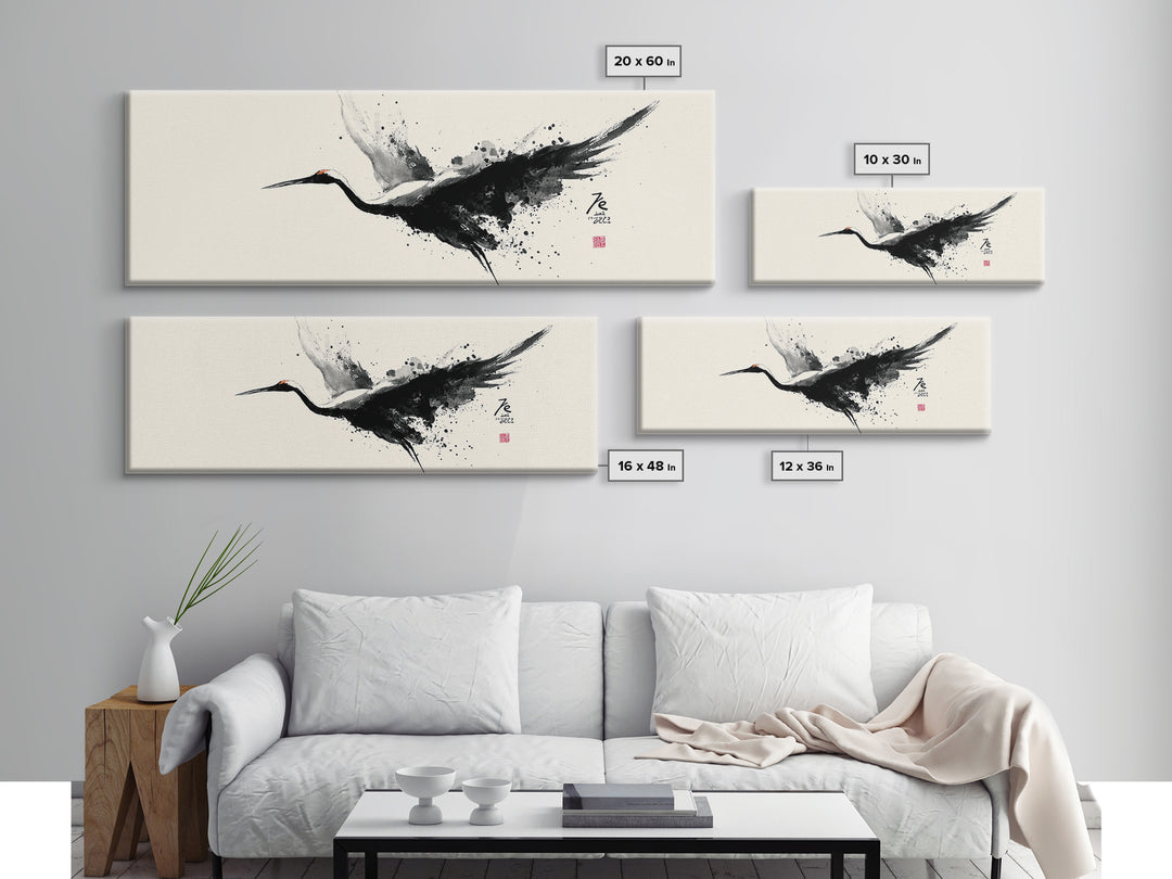 Black Ink Crane Wall Art, Japanese Brush Canvas Print, Minimalist Bird Art, Black And White Art, Zen Wall Decor, Asian Inspired Art