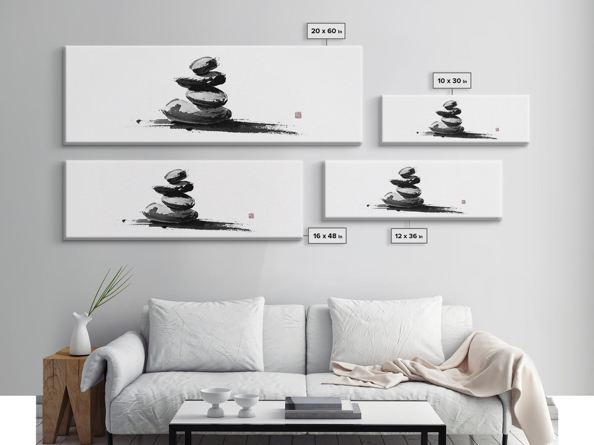 Stacked Zen Stones Canvas Print, Minimalist Wall Art, Sumi Ink Painting, Spa Decor, Meditation Room, Neutral Home Decor Art