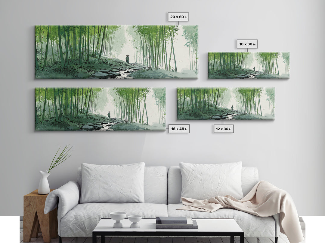 Bamboo Forest Path Canvas Print, Japanese Zen Landscape Wall Art, Green Nature Painting, Japandi Meditation Room Decor Print