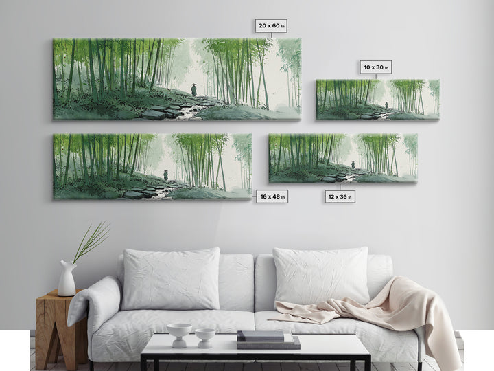 Bamboo Forest Path Canvas Print, Japanese Zen Landscape Wall Art, Green Nature Painting, Japandi Meditation Room Decor Print