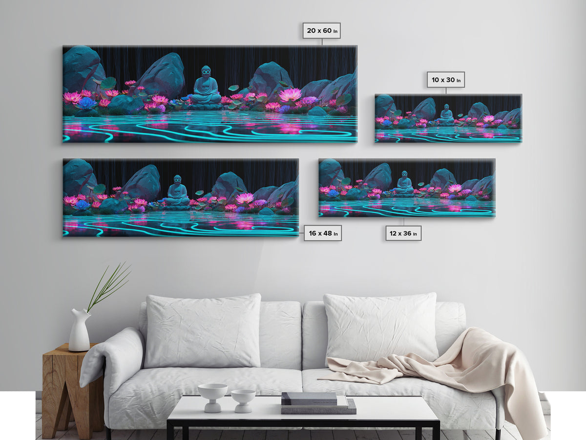 Neon Buddha Lotus Pond Wall Art, Zen Meditation Canvas, Spiritual Decor, Japandi Wall Decor, Yoga Room, Calming Art Print