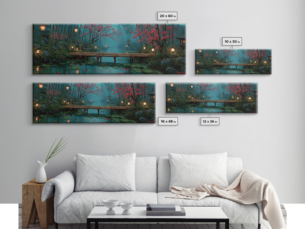 Cherry Blossom Bamboo Pond Wall Art, Japanese Lantern Bridge Canvas, Serene Zen Landscape, Japandi Living Room Decor, Calming Home Decor