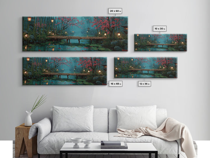 Cherry Blossom Bamboo Pond Wall Art, Japanese Lantern Bridge Canvas, Serene Zen Landscape, Japandi Living Room Decor, Calming Home Decor