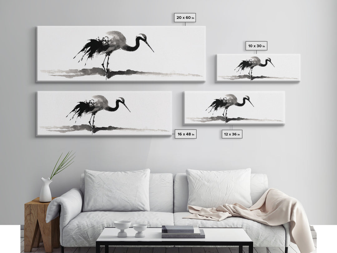 Black Ink Crane Wall Art, Minimalist Bird Painting Canvas Print, Japanese Wall Decor, Zen Home Decor, Black And White Art