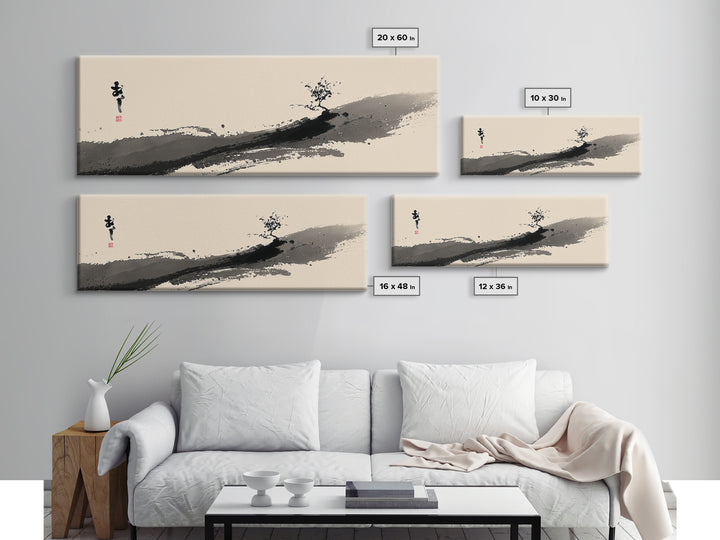 Minimal Ink Tree Canvas Print, Japanese Calligraphy Landscape Wall Art, Zen Brush Painting, Neutral Japandi Home Decor Print