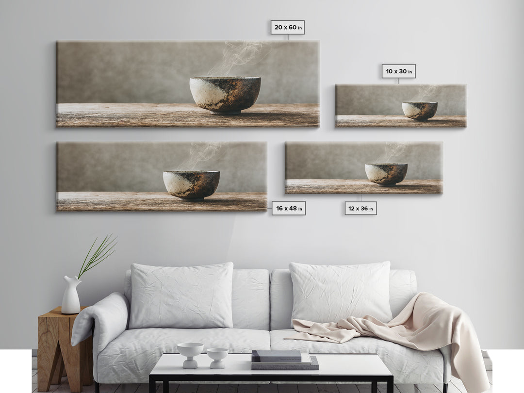 Steaming Wabi Sabi Ceramic Bowl Wall Art, Neutral Kitchen Canvas Print, Japandi Dining Room Decor, Minimalist Zen Fine Art Print