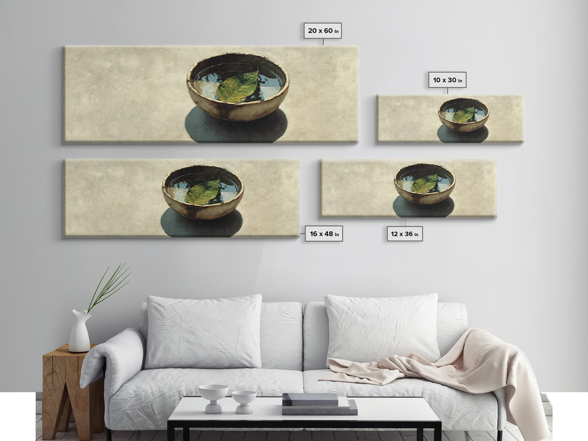 Rustic Bowl With Floating Leaf Canvas Print, Wabi Sabi Wall Art, Minimalist Still Life, Japandi Zen Home Decor, Neutral Kitchen Art Print