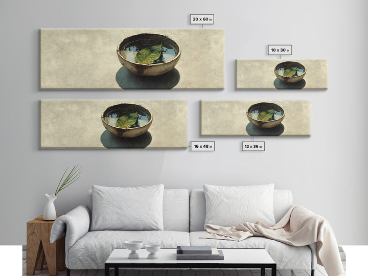 Rustic Bowl With Floating Leaf Canvas Print, Wabi Sabi Wall Art, Minimalist Still Life, Japandi Zen Home Decor, Neutral Kitchen Art Print