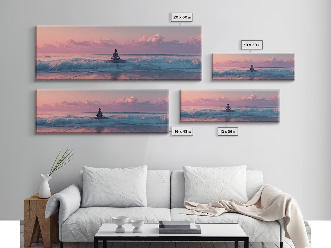 Peaceful Ocean Meditation Canvas Print, Pink Sunset Beach Wall Art, Coastal Yoga Decor, Seascape Art, Calming Bedroom Decor