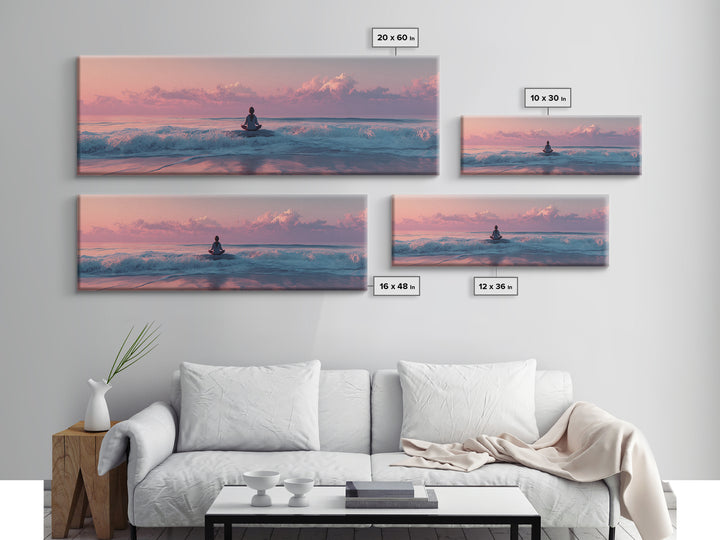 Peaceful Ocean Meditation Canvas Print, Pink Sunset Beach Wall Art, Coastal Yoga Decor, Seascape Art, Calming Bedroom Decor
