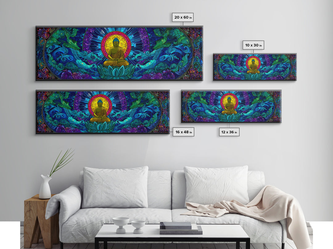 Stained Glass Buddha Ocean Wave Wall Art, Lotus Meditation Canvas Print, Colorful Zen Spiritual Yoga Room Home Decor Gift