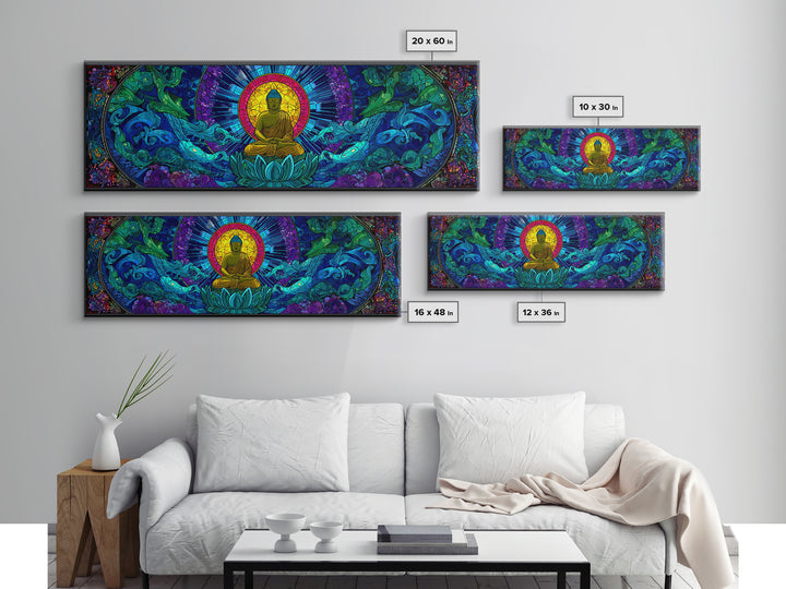 Stained Glass Buddha Ocean Wave Wall Art, Lotus Meditation Canvas Print, Colorful Zen Spiritual Yoga Room Home Decor Gift