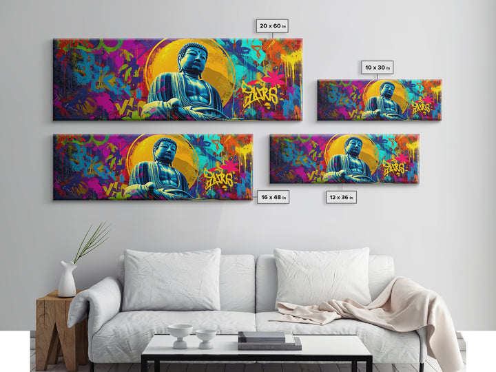 Colorful Graffiti Buddha Wall Art, Pop Art Meditation Decor, Vibrant Urban Street Art, Spiritual Yoga Room Framed Canvas Print