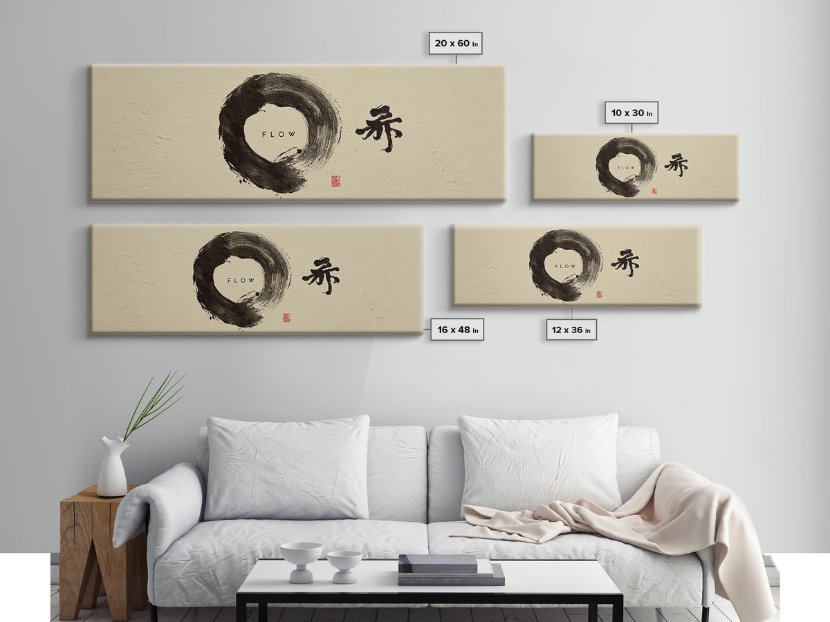 Zen Enso Circle With Flow Calligraphy Framed Canvas Print, Minimalist Wall Art, Japanese Decor, Meditation Room, Japandi Art