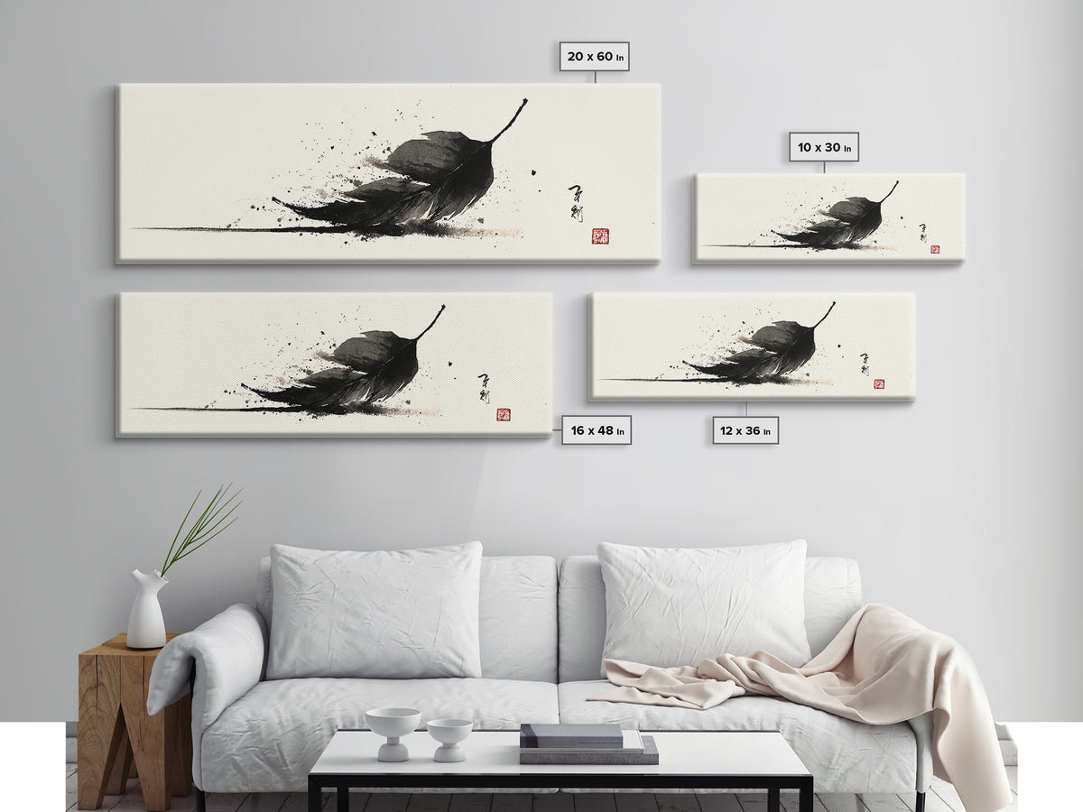 Black Ink Feather Japanese Sumi Wall Art, Minimalist Black And White Art Print, Zen Nature Decor For Office Or Bedroom Wall Decor