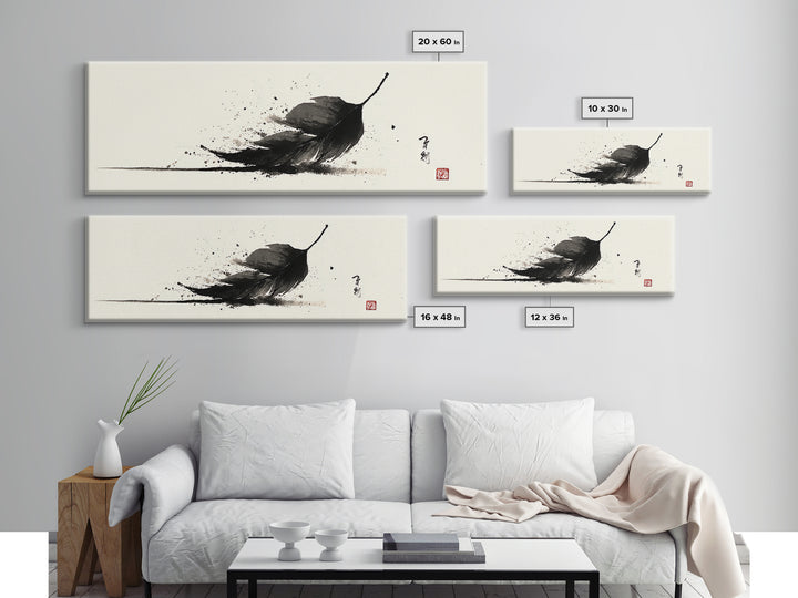 Black Ink Feather Japanese Sumi Wall Art, Minimalist Black And White Art Print, Zen Nature Decor For Office Or Bedroom Wall Decor