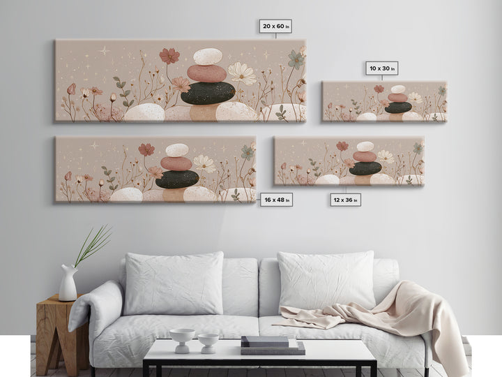 Stacked Zen Stones And Wildflowers Wall Art, Neutral Spa Canvas Print, Mindfulness Decor, Calming Boho Bathroom Art Gift