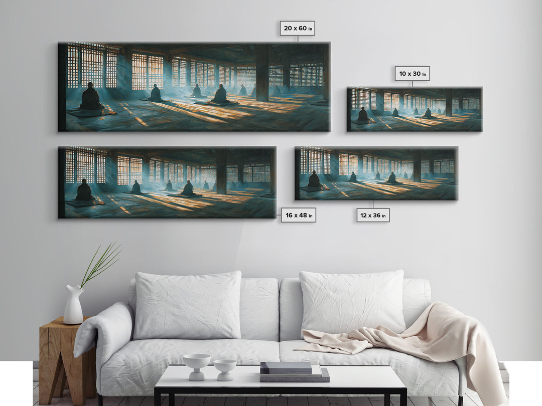Meditation Hall With Monks And Sunbeams Wall Art, Zen Framed Canvas Print, Spiritual Decor, Yoga Studio, Prayer Room Art