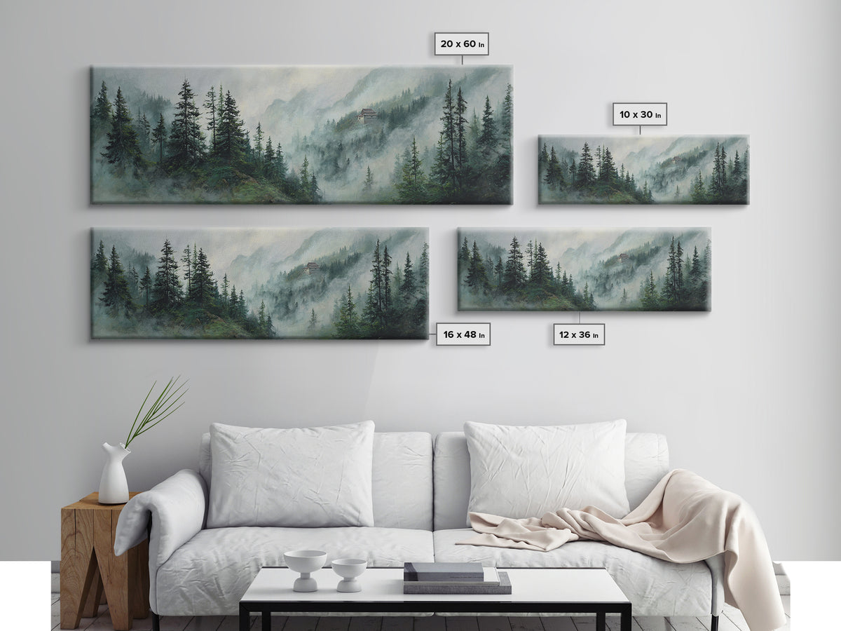 Misty Pine Mountain Temple Wall Art, Foggy Evergreen Forest Landscape, Japandi Nature Decor, Long Horizontal Canvas Print