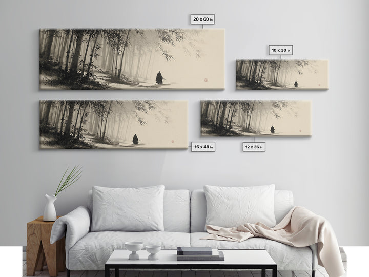 Misty Bamboo Forest Monk In Ink Wash Framed Canvas Print, Japanese Wall Art, Zen Meditation Decor, Japandi Home Decor, Calming Wall Decor