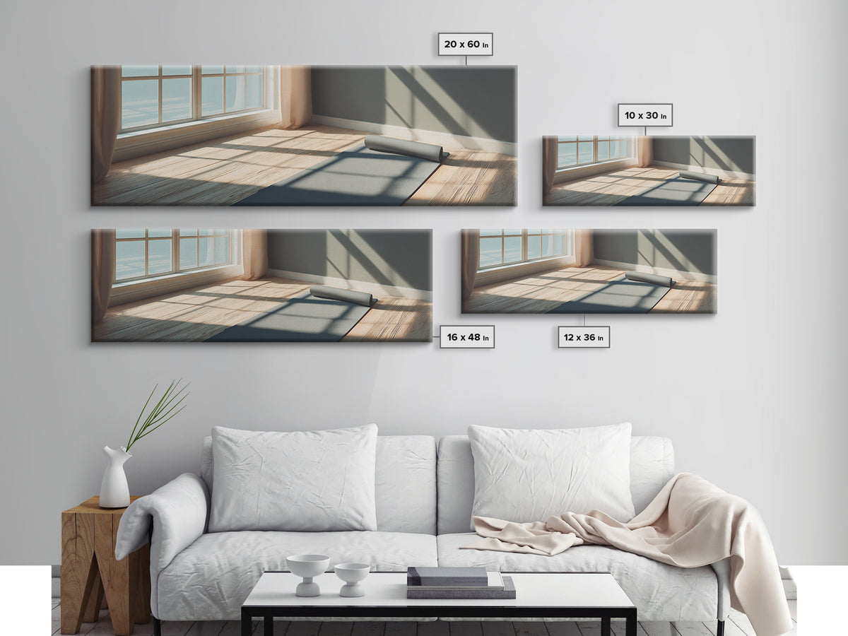 Sunlit Yoga Mat By Window Canvas Print, Calm Minimalist Fitness Studio Wall Art, Modern Wellness Room And Home Gym Decor