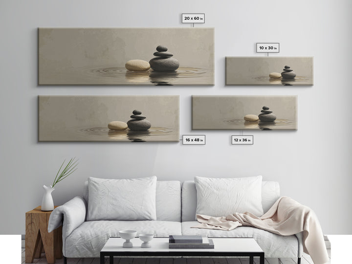 Zen Stacked Stones Framed Canvas Print, Neutral Water Reflection, Minimalist Spa Wall Art, Calm Japandi Meditation Room Home Decor