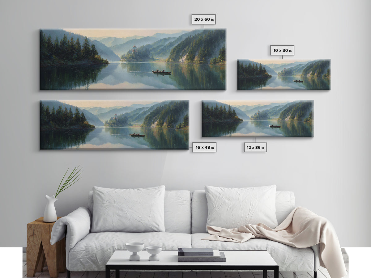 Misty Mountain Lake Boat Wall Art, Serene Landscape Canvas Print, Cabin Decor, Nature Painting, Large Living Room Decor, Housewarming Gift