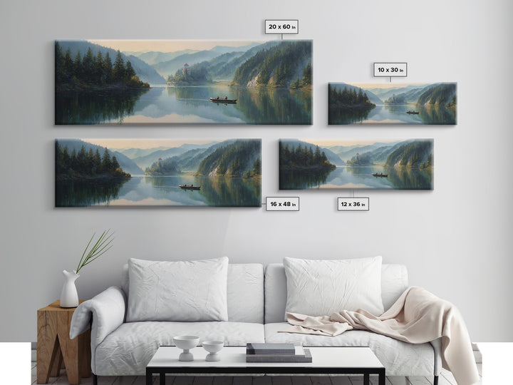 Misty Mountain Lake Boat Wall Art, Serene Landscape Canvas Print, Cabin Decor, Nature Painting, Large Living Room Decor, Housewarming Gift